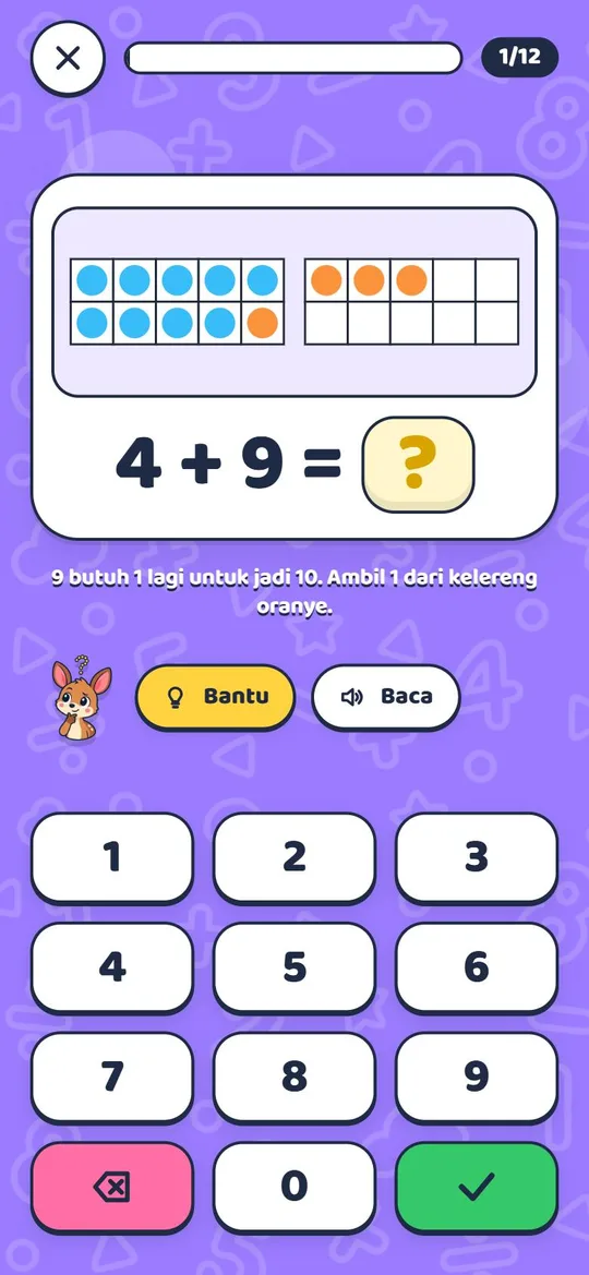 Soal 4 + 9 dengan petunjuk dan bingkai sepuluh